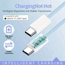 USB-C Fast Charging Cable Compatible With IPhone 17/16/15, USB-C To Type-C Charging & Data Cable (3.3/6.6/10ft Nylon Braided) For Indoor/Outdoor/Travel And Car Use, Fast Charging Compatible With Iphone 17/16/15/Pro/Pro Max, Android Phones - 淺藍色 - 查看 3