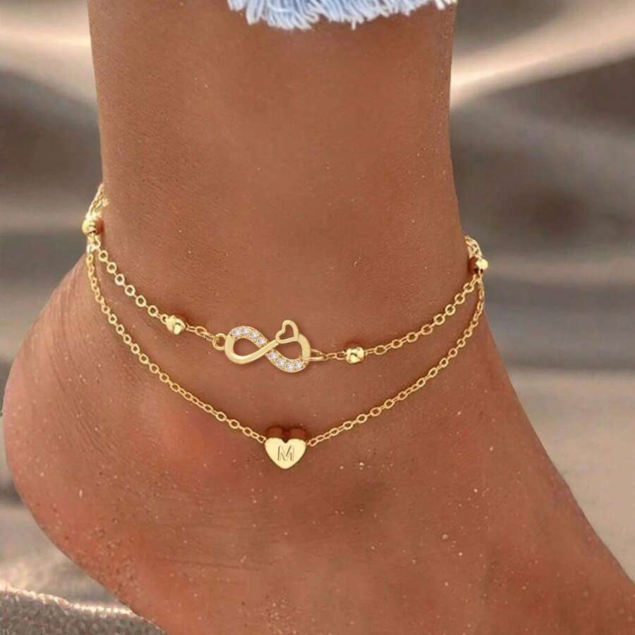 2pcs/Set Gelang Kaki Simbol Hati & Tak Terhingga Model Baru, Gelang Kaki Berlapis Manik-Manik Stainless Steel Emas untuk Wanita - Yellow Gold - View 1