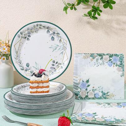 Gypsophila Disposable Party Tableware Set, 7/9 Inch Disposable Paper Plates, Napkins, Set, Party Supplies, Suitable For Family Gatherings, Gender Reveal, Festivals, Birthdays, Weddings, Bachelorette Parties, Family Picnics And Dining Events