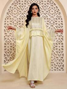 Bộ trang phục Ramadan truyền thống thanh lịch kiểu mới năm 2026, áo Jalabia thêu hạt cườm bạc, thắt lưng tua rua, tay áo xẻ tà, cổ tròn không tay, trang phục Ramadan sang trọng. - Màu vàng - Xem 6