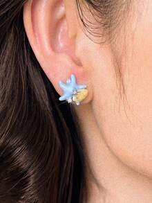 1对925纯银珐琅滴油海星贝壳锆石耳环，蓝色海星耳环，女士海滩度假风，派对耳环，精致珠宝首饰 - 藍色海星貝殼耳環 - 查看 3