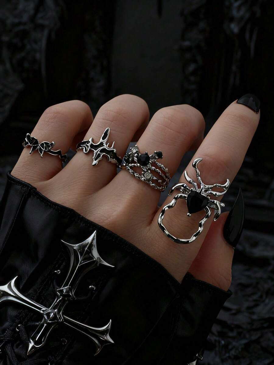 4pcs Vintage Dark Gothic Black Faux Gem Spider Rings, Personalized Goth Style Drip Oil Cross Butterfly Rhinestone Ring Set For Women - Silver - View 1