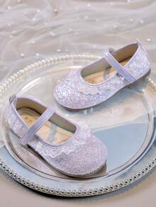 1 đôi giày Mary Jane viền ren cho bé gái, đế mềm, kiểu dáng công chúa buộc dây, giày trẻ em đa năng. - Màu tím - Xem 2