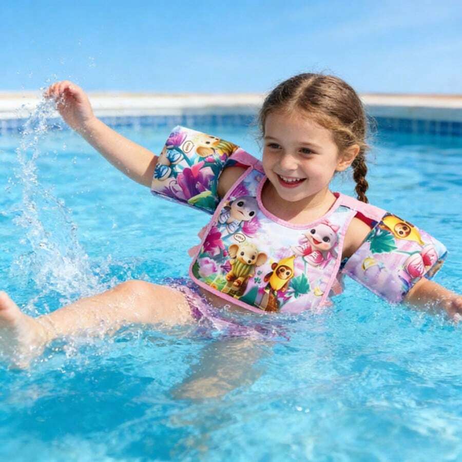 Kids Cartoon Character Swim Vest With Arm Floats - & Cute Water Buoyancy Aid Tool For Beach/Pool