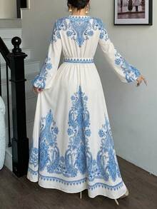 abyoxi 女士蓝色长袖V领单排扣A字摆长连衣裙，复古优雅，适合节日、正式晚宴，春夏长款连衣裙 - 藍色 - 查看 2