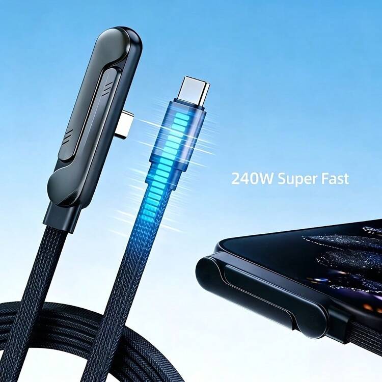 240W Soporte plegable para teléfono y cable de carga | Conector angulado de carga superrápida Dual Type-C, cable trenzado, compatible con múltiples teléfonos, transferencia de datos USB - Multicolor - Añade 3