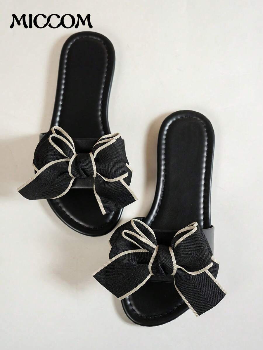 女士平底拖鞋，蝴蝶结设计，软底，轻便透气，夏季沙滩拖鞋 - 黑色 - 查看 1