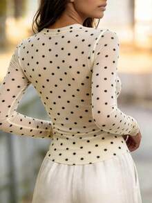 2026新款女士乳白色和黑色波点薄纱长袖衬衫，性感修身优雅派对晚装 - 杏色 - 查看 6