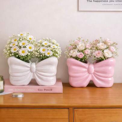 1pc Pink/White Bowknot Vase, Decorative Vase, Tabletop Centerpiece, Home/Living Room Decor
