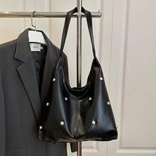 Aesthetic Studded Hobo Bag For Women, Large Capacity Faux Leather Shoulder Bag, Edgy Rivet Decor Carryall, Versatile Commuter Tote For Work, Travel & Night Out, Chic Minimalist Punk Purse, Soft Slouchy Handbag With Fixed Strap - 黑色 - 查看 7