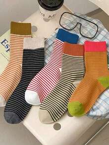 1/3/5双装女士随机条纹中筒袜，休闲四季皆宜，秋冬季 - 彩色 - 查看 3