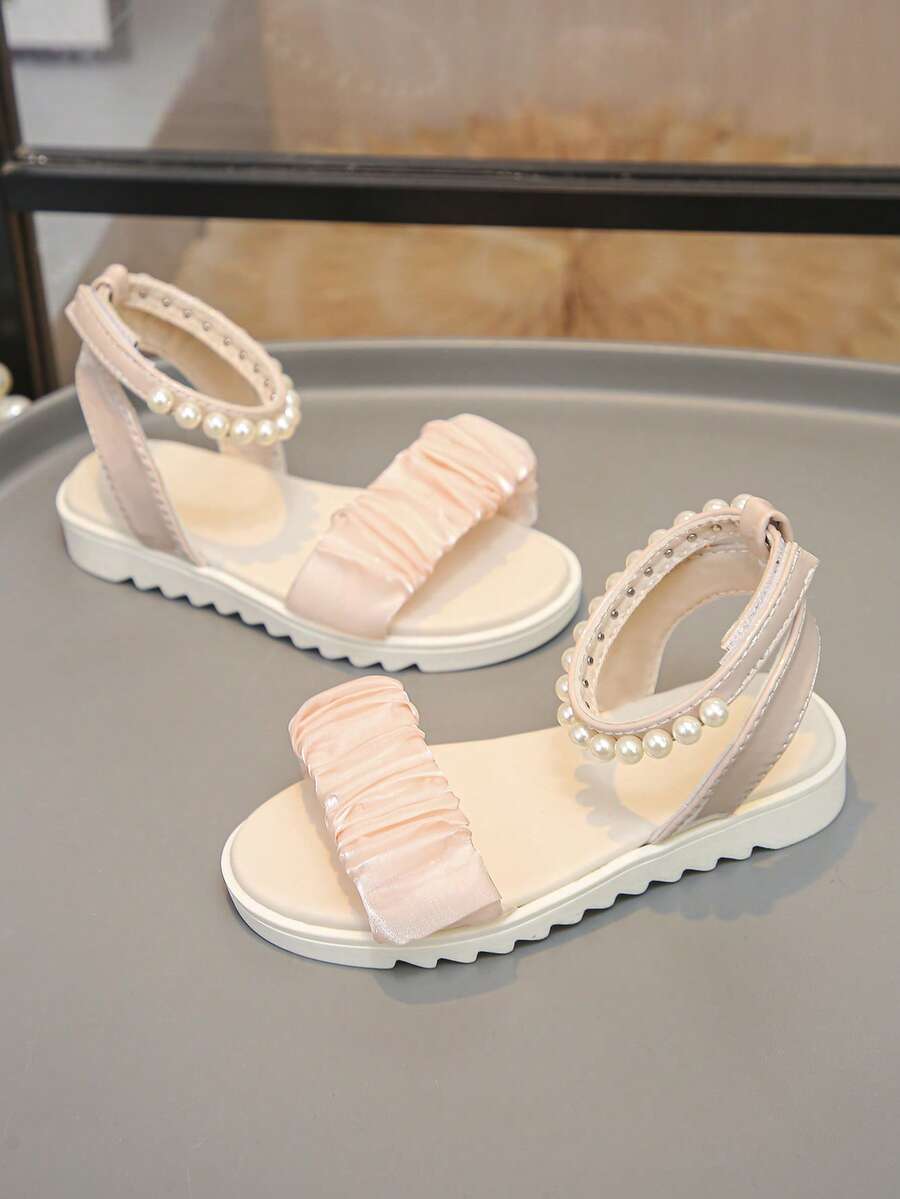 1 Pair Of Elegant Pink Girls' Sandals, With A Satin Pleated Design, Ankle Pearls, Hook And Loop Closure, Suitable For Spring And Summer, Ideal For Travel, Attending Parties, And As A Holiday Gift. - Pink - View 1