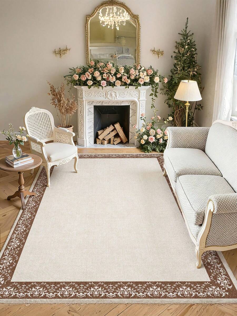 1pc Vintage Pattern Framed Area Rug, Soft Plush Material, Easy Clean, Anti-Slip Bottom, Suitable For Living Room, Bedroom, Bathroom, Kitchen, Dining Room, Office, Holiday Celebration - White - View 1