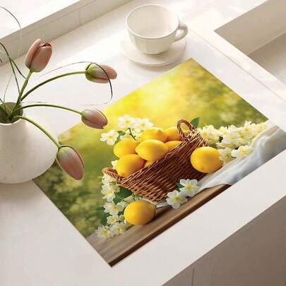 1pc Spring/Summer Series Full-Print Yellow Lemon Slices, Green Leaves, White Flowers, Glass Olive Oil Bottle, Fresh Olive Branches, Green Olives, Geometric Wave Lines And Rhinestone Pattern Coffee Bar Mat, Drainage Mat, Coffee Machine Soft Silicone Drainage Mat, Rubber Drainage Mat, Super Absorbent And Wear-Resistant Dish Drying Mat, For Countertop, Restaurant, Kitchen Table Decor, Home Kitchen Supplies, Tabletop Decoration