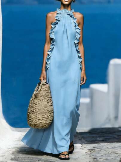 1 chiếc đầm nữ màu xanh denim in họa tiết, kiểu dáng bohemian, xếp ly/bèo nhún, thích hợp cho kỳ nghỉ hè, đi biển, có túi, mùa xuân.