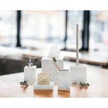 5 Piece Bathroom Accessories Set Complete Faux Marble and White Bathroom Accessory Set Tissue Box Toilet Brush Soap Dish Soap Dispenser Toothbrush Holder - Efecto mármol blanco y gris pálido - Ver 6