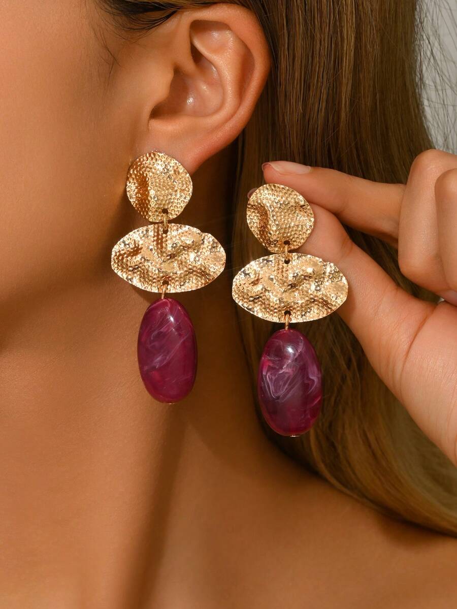 一对优雅性感的不对称几何波浪纹仿玉多色花卉木纹水墨图案树脂吊坠耳环，搭配金色心形耳钉，适合派对、节日、度假佩戴。每颗树脂珠的颜色和图案都独一无二，模具痕迹属于正常现象。 - 彩色 - 查看 1