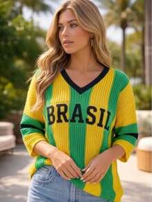Green And Yellow V-Neck Knit Blouse - Brazil Launch - 2026 World Cup - 綠色 - 查看 2