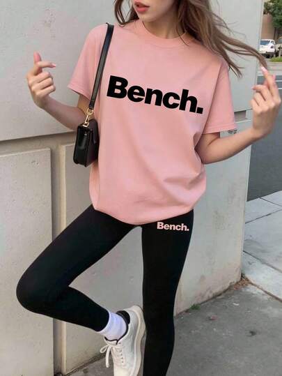 2pcs/Set Streetwear Basic Aesthetic Outfit For Teenage Girls, With "Bench." Print T-Shirt And Leggings, Suitable For Hanging Out With Friends, Casual Outings, Summer Wear