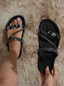 Women's Birken-Style Flat Sandal With Rhinestones, Delicate, Blogger-Friendly, Comfortable. - Black 3 - View 1