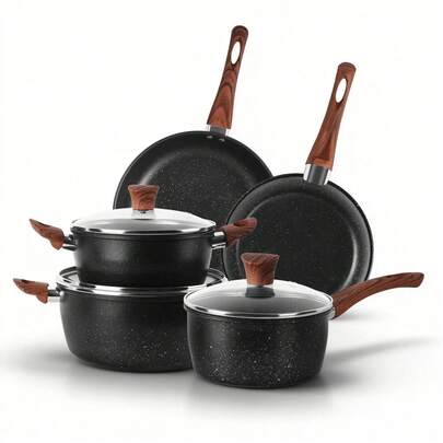 Sour Lemon 8pcs Cookware Sets Non Stick, Dark Grey Saucepan Set Non Stick With Frying Pans, Cookware Set Ceramic Pot And Pans, Granite Cooking Sets Pot And Pans For Induction Cooker And All Types Of Cookers