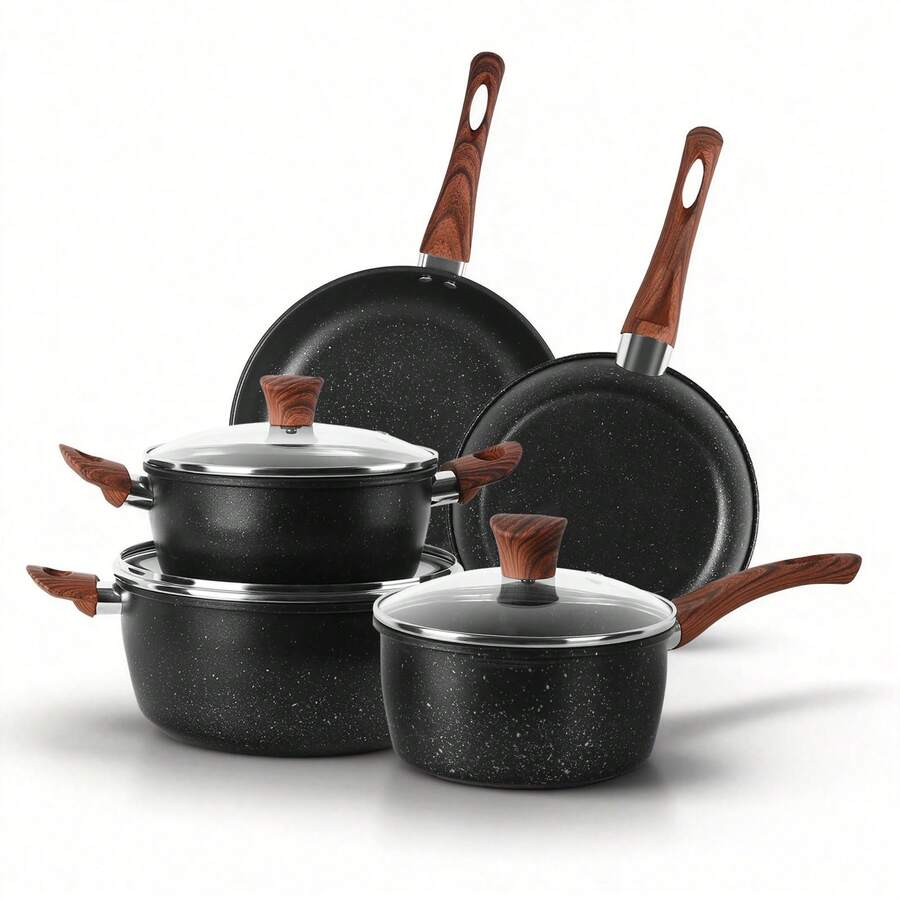 Sour Lemon 8pcs Cookware Sets Non Stick, Dark Grey Saucepan Set Non Stick With Frying Pans, Cookware Set Ceramic Pot And Pans, Granite Cooking Sets Pot And Pans For Induction Cooker And All Types Of Cookers