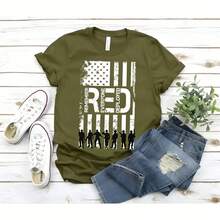Women's "RED Remember Everyone Deployed" Patriotic Military Support Graphic Crew Neck T-Shirt, Casual Short Sleeve Tee - 軍綠色 - 查看 1
