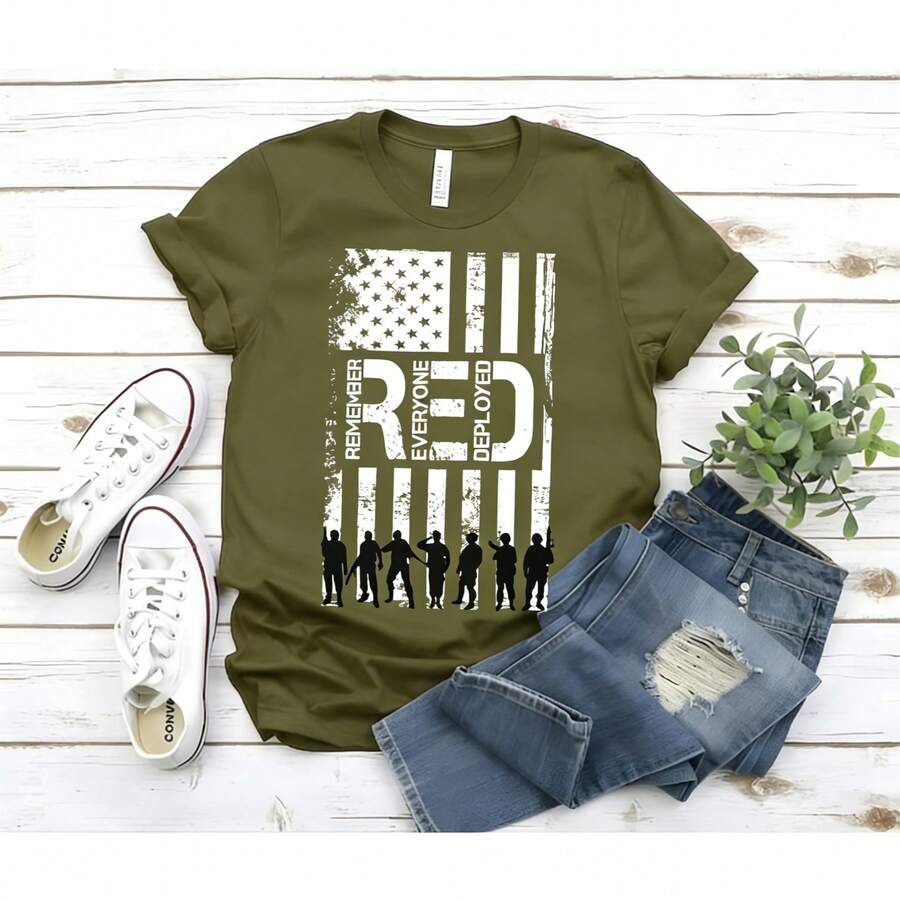 Women's "RED Remember Everyone Deployed" Patriotic Military Support Graphic Crew Neck T-Shirt, Casual Short Sleeve Tee - 軍綠色 - 查看 1
