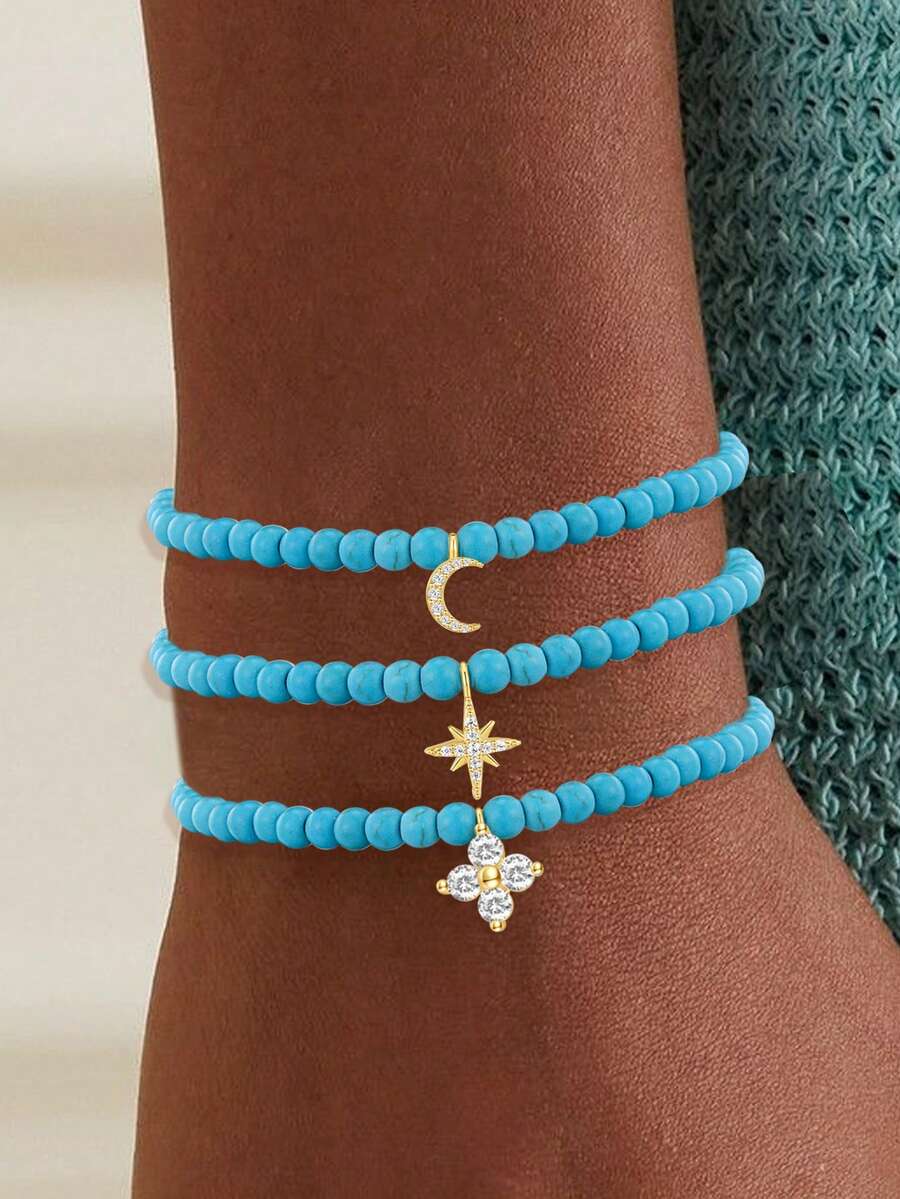 FOREVER QUEEN 1件925纯银海蓝宝石玛瑙手工串珠月亮、星星、四叶草手链，适合女性和女孩佩戴 - 綠松石 - 查看 1