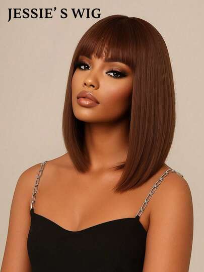  Peluca recta de bob sin pegamento Jessie's Wig, peluca frontal de encaje 4x4 de cabello humano con nudos invisibles y todo pre-preparado, lista para usar, bob de 180% de densidad, 8-14 pulgadas, color marrón chocolate #4