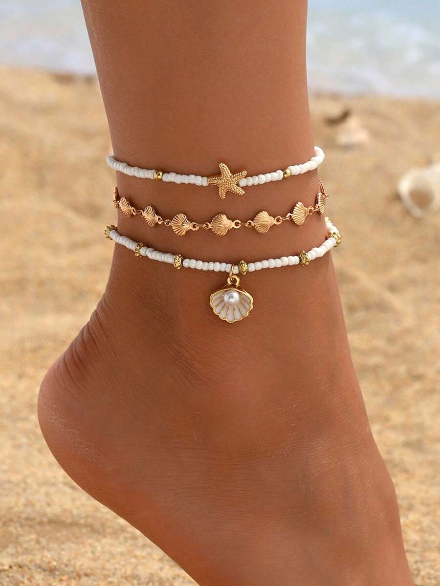 3pcs/Set Summer Beach Vacation Style Beaded Seashell & Starfish Pendant Anklet, Handmade Gold Shell Chain Fashion Foot Jewelry Suitable For Daily, Date, Dinner And Beach Vacation Wear. The Seashell Handmade Chain Can Be Cut To Desired Length, Seashell Quantity Is Random. - Multicolor - View 1