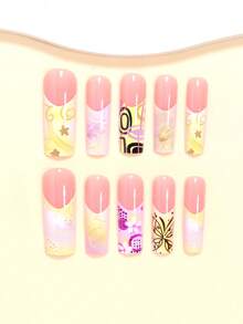 Upgrade Your Look With Y2K Style! Use 24pcs Rectangular Press-On Fake Nails To Change Your Nails, With Fresh And Dreamy: Light Yellow Gradient Star Pattern; Wide-Edge French Nude Base; Minimalist Fashionable Y2K Style Press-On Nails; Brown Line Butterfly Pattern; Colorful Asymmetrical Geometric Shapes - Multicolor - View 2