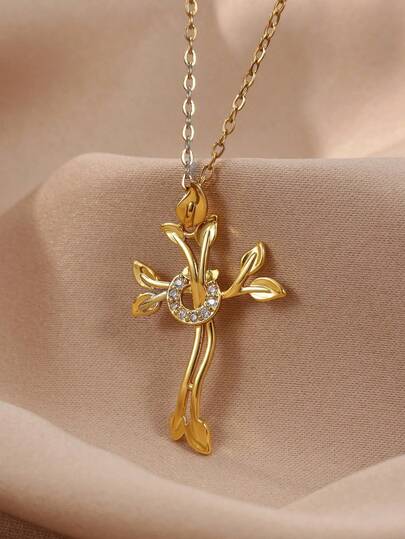 复古树叶十字架吊坠立方氧化锆项链，18K镀金防水项链/颈链，纪念婚礼首饰，舞会配饰，周年纪念日、生日、母亲节礼物