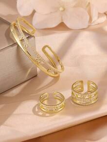 rakol 3pcs Luxury Shiny Hollow Inlaid Zirconia Women Jewelry Set, Bracelet & Ring Set Suitable For Party Layering - Hollow Out Set - View 2