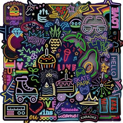 50pcs Cool Neon Lights Stickers, Vinyl Waterproof Stickers For Computer Refrigerator Luggage Phone,Colorful Stickers For Teens Adults