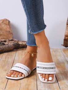 Nuevas sandalias deslizantes tejidas para mujer de verano, sandalias planas de punta cuadrada de alta gama con suela suave para la playa - Beis - Ver 6