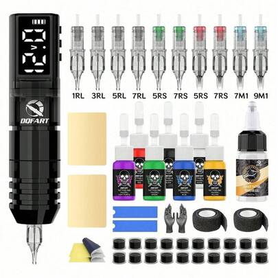 DQFART Wireless Tattoo Machine Kit, Includes 1600mAh Power Supply, LED Digital Display, Complete Tattoo Pen Set (Tattoo Needles, Tattoo Ink, Tattoo Practice Skin, Tattoo Transfer Gel) And Various Tattoo Accessories