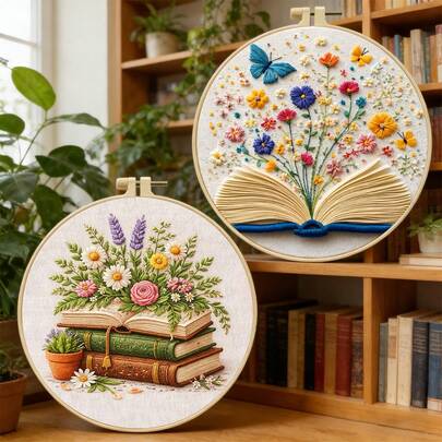 [Vintage Buch & Blumen] Runde Stickerei DIY-Set, künstlerisches Buch + frisches Blumenmuster, Anfänger Handarbeit Kreuzstich-Set beinhaltet Stickrahmen, Faden, geeignet für Wanddekoration Zuhause