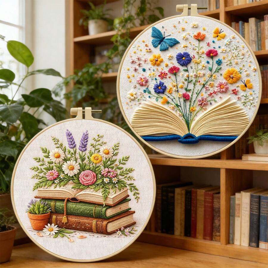 [Vintage Book & Floral] Round Embroidery DIY Kit, Artistic Book + Fresh Flower Pattern, Beginner Handmade Cross Stitch Set Includes Embroidery Hoop, Thread, Suitable For Home Wall Decor