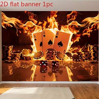 2D平面背景布 - 单件装，采用扑克主题图案，适用于活动装饰或摄影 - 生日派对、户外庆典、节日活动的道具装饰背景横幅设计，也适用于家庭、酒吧、咖啡馆、餐厅、俱乐部、车库和个人装饰。非常适合用作照相亭和影棚道具，采用涤纶材质制成。