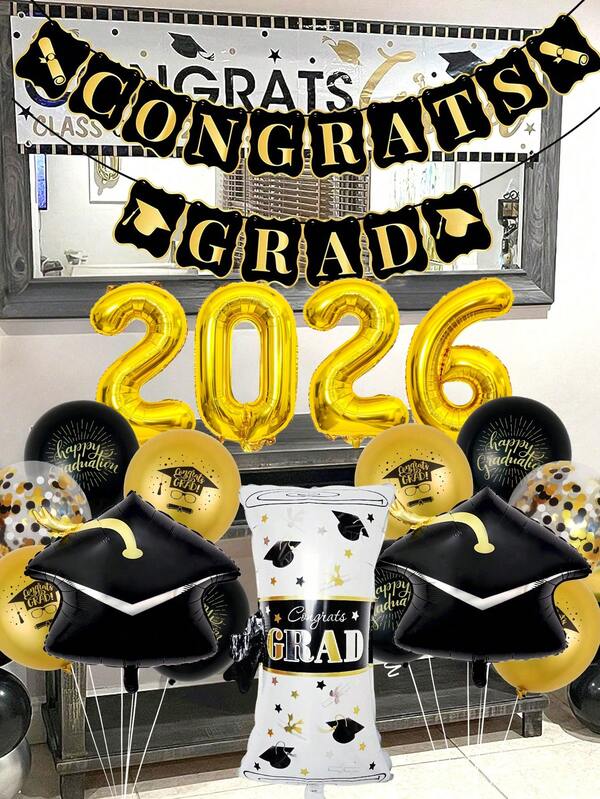 1/23 pièces Ensemble de ballons pour la fête de remise des diplômes 2026, comprenant des ballons en feuille métallique avec le numéro 2026, une banderole de félicitations pour la remise des diplômes en noir et or, un mortier de graduation, un diplôme, des ballons en latex imprimés avec des motifs de graduation et des confettis multicolores. Pour la décoration de la cérémonie de remise des diplômes, l'atmosphère de la classe, la fête de remise des diplômes 2026, la remise des diplômes de l'école élémentaire, du lycée et de l'université, la fête de remise des diplômes, l'anniversaire, l'événement scolaire et la décoration du campus
