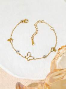 1pc Fashion Hollow Shell Butterfly Bracelet, Stainless Steel Hollow Rhinestone Chain Bracelet, Suitable For Women's Daily Wear And Various Occasions - CL-8755 - View 4