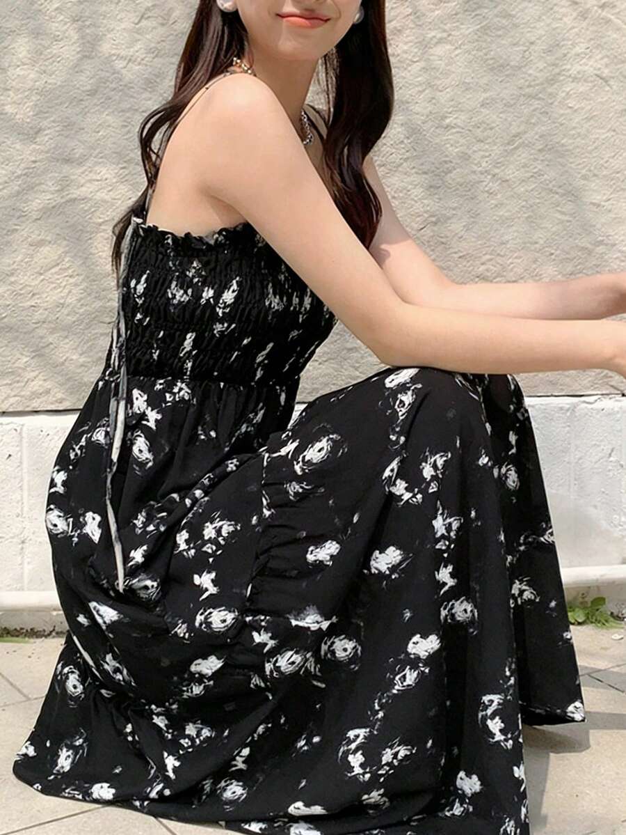 夏季休闲碎花系带吊带连衣裙 黑色 度假风 优雅 - 黑色 - 查看 1