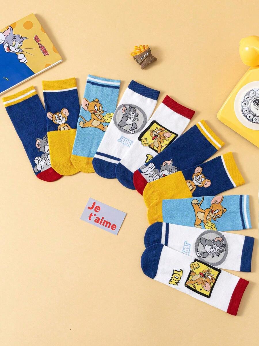 Noctvar OBM Sleepwear X TOM & JERRY 5 Pairs Kids Cat And Mouse Pattern Ankle Socks, Cute Cartoon Boat Socks With Distinctive Cat And Mouse Pattern For Boys, Colorful Mid-Calf Socks For Children In Summer, Adorable Cartoon Distinctive Pattern, Fashion Casual Breathable Student Socks, Suitable For Daily Wear, Back To School, Holiday Gifts - Multicolor - View 1