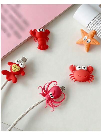 Set de 5 protectores de cable con forma de cangrejo de animal marino, proteja sus cables de datos del teléfono y haga un regalo divertido para el protector de cargador de vacaciones de verano