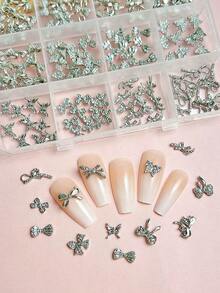 1Box Silver Alloy Bow Nail Charms Kit -12 Grids Mixed 3D Rhinestone Bow Nail Decorations Perfect For Daily Manicure For DIY Craft Nails - Silver - View 7