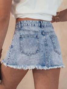 Elegant Casual Women Short Denim Skirt With Ripped Design Zipper Fly - Blue - View 3