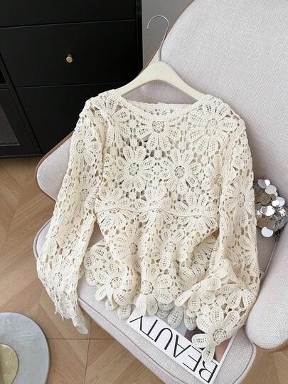 Cubre ligero de ganchillo floral de corte holgado con cuello redondo para mujer, blusa casual de manga larga con mangas de pétalos florales y calado, para primavera/verano