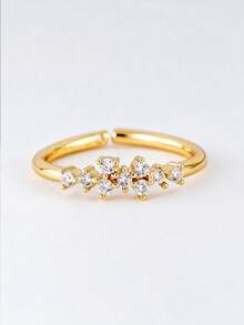 1pc Elegant Cubic Zirconia Inlaid Adjustable Open Ring, Suitable For Women's Daily, Dating, Work, Copper Jewelry, Holiday Gift - Yellow Gold - View 3