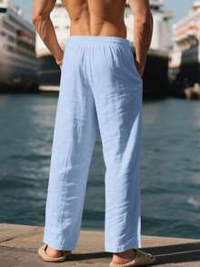 Men's Breathable Linen Loose Casual Sports Pants, Suitable Beach, Spring/Summer - 淺藍色 - 查看 5